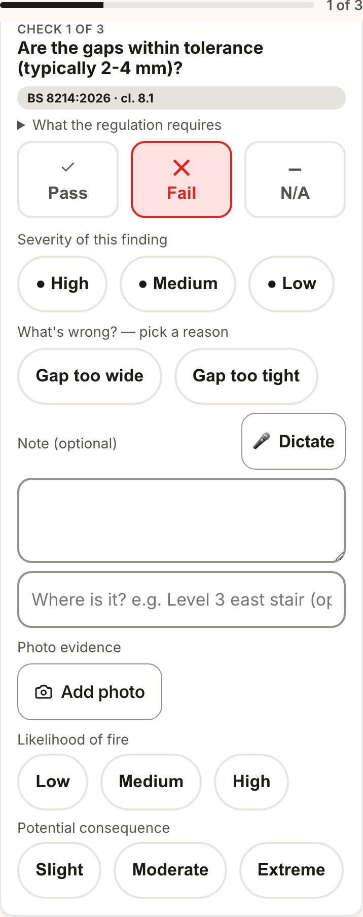FireCite on a phone: one check at a time, with pass, fail and not-applicable, and the severity chips that appear on a fail.