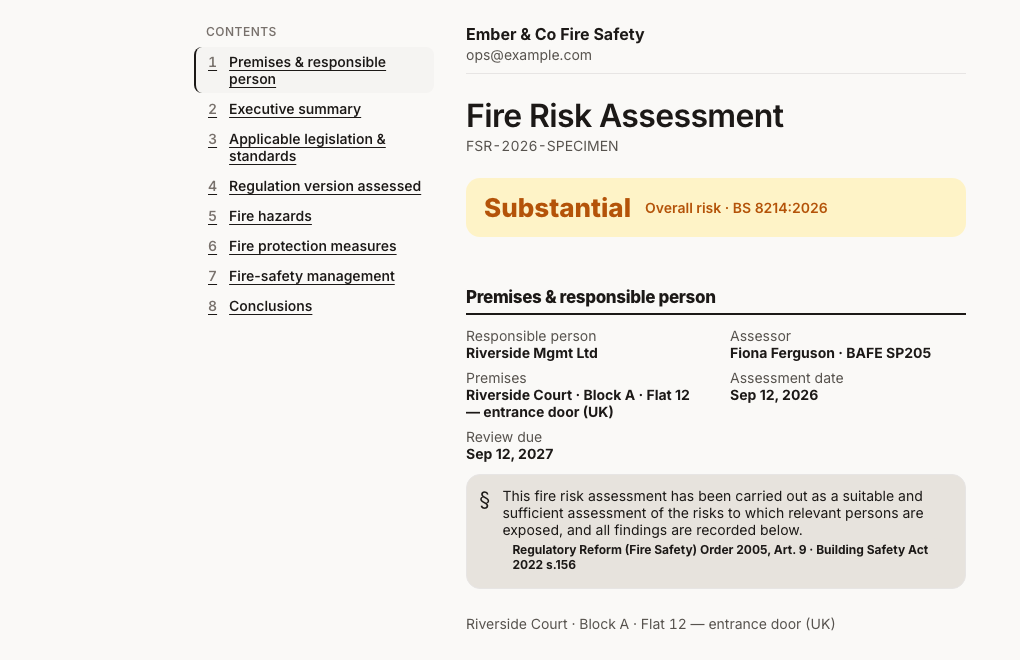The finished fire risk assessment: a contents rail, the overall risk rating, the premises, and the statutory suitable-and-sufficient statement with its citation.